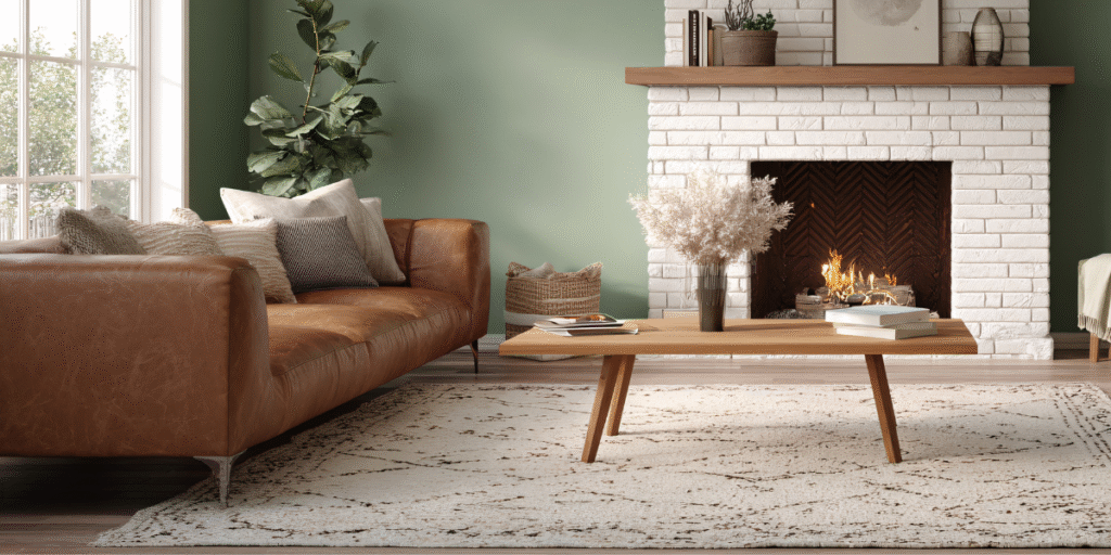 A cozy living room featuring layered rug.