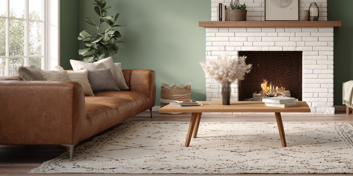 A cozy living room featuring layered rug.