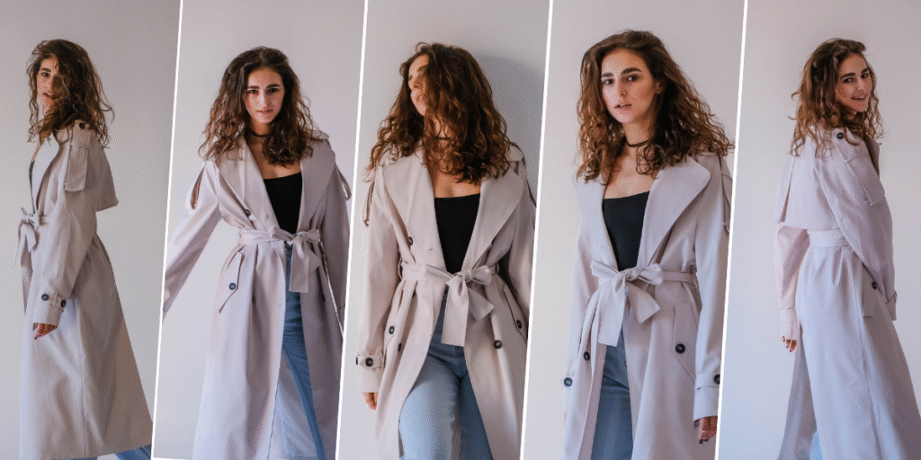 A stylish photo collage featuring women wearing beige long coats, showcasing elegance and timeless fashion.
