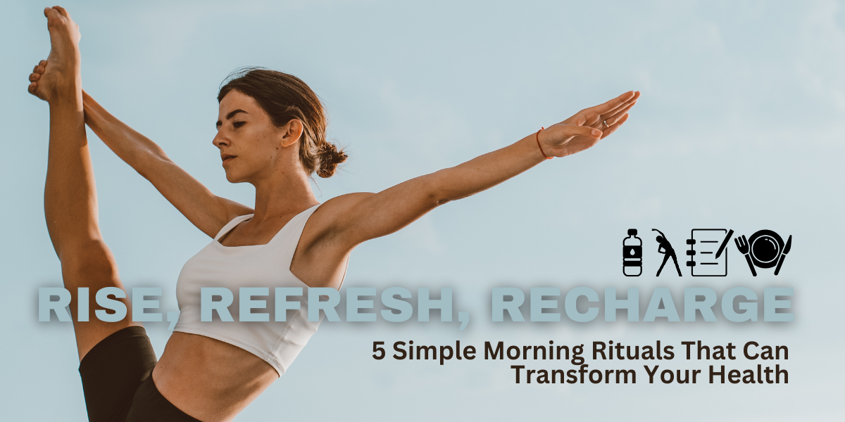 Person practicing a calm and healthy morning routine with water, stretching, journaling, and a nutritious breakfast